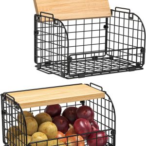 2 Set Stackable Wire Basket with Openable Top, Kitchen Counter, Pantry Organizer and Storage Produce Onion Potato Fruits Vegs Bread Food Snack Spice Organizing Bin for Cabinet Shelf Countertop Floor